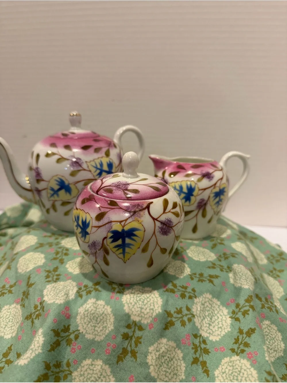 Vintage Hand Painted Porcelain  3 Pc Tea Set Tea Pot Lidded Sugar And Creamer.